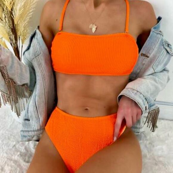 Decree Neon Orange Textured Bikini Set - Strapless Top & Cheeky Bottoms, XS, NWT - Picture 1 of 13